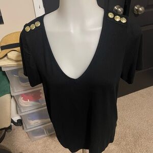 Chic Black V-Neck Tee with Gold Button Details